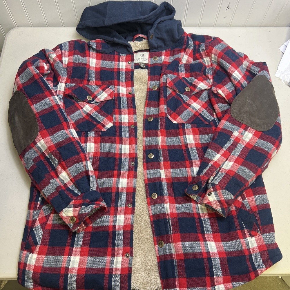 Legendary Whitetails Berber Lined Hooded Flannel Shirt Jacket Red Blue Mens Med